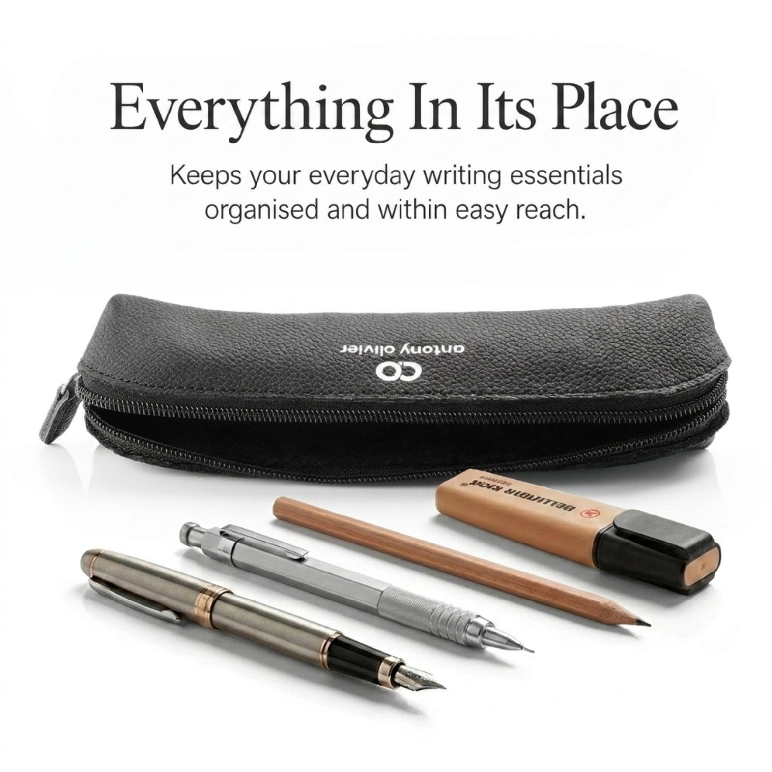 Leather Pencil Case – Black Zipped Pen Pouch