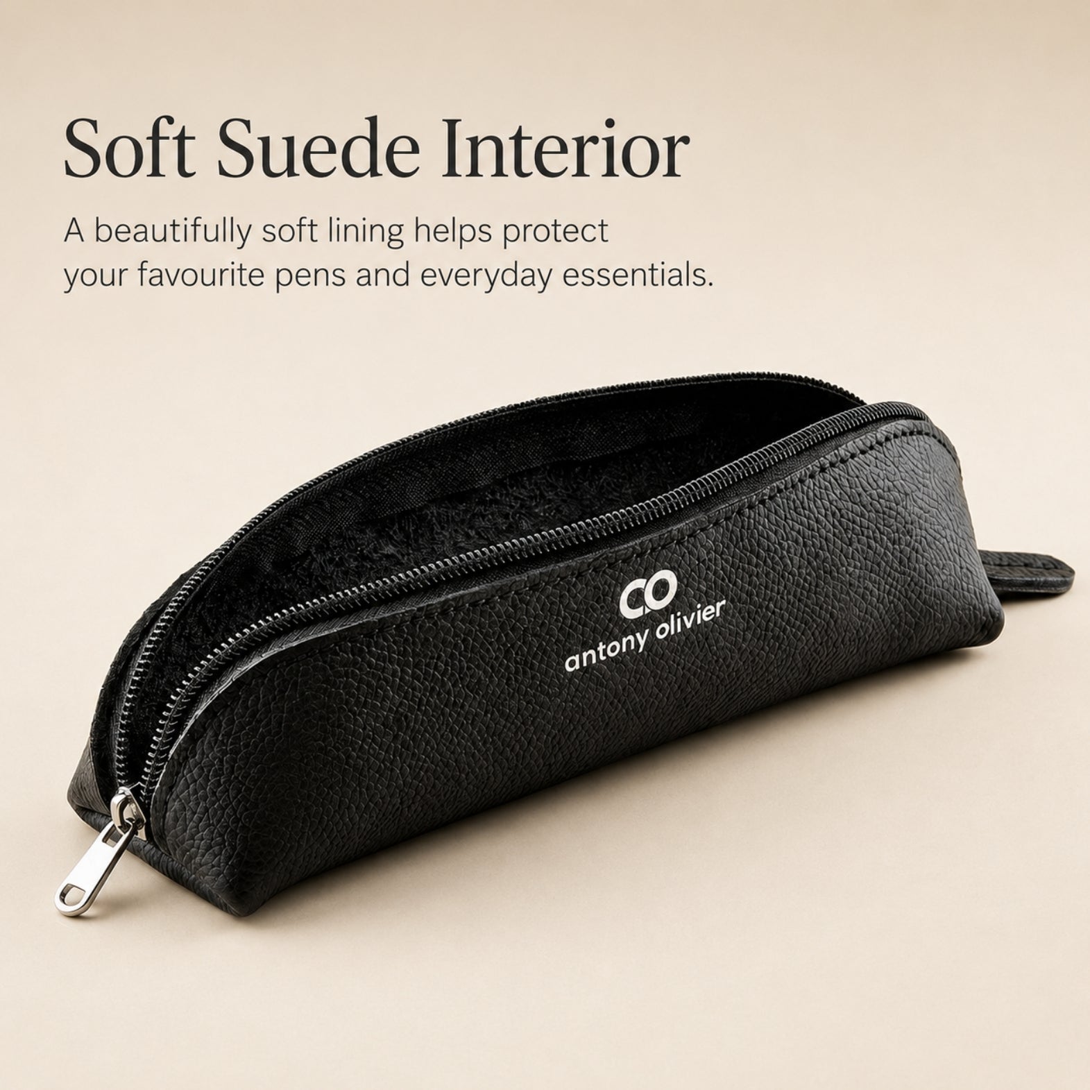 Leather Pencil Case – Black Zipped Pen Pouch