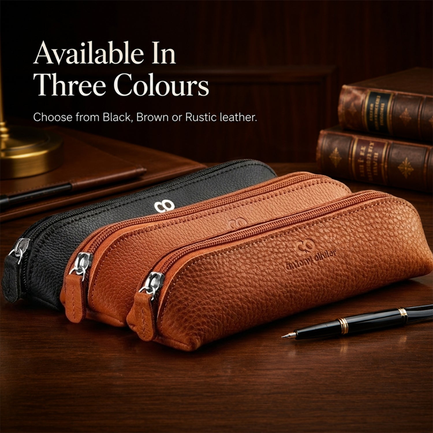 Personalised Leather Pencil Case – Rustic Brown Zipped Pen Pouch