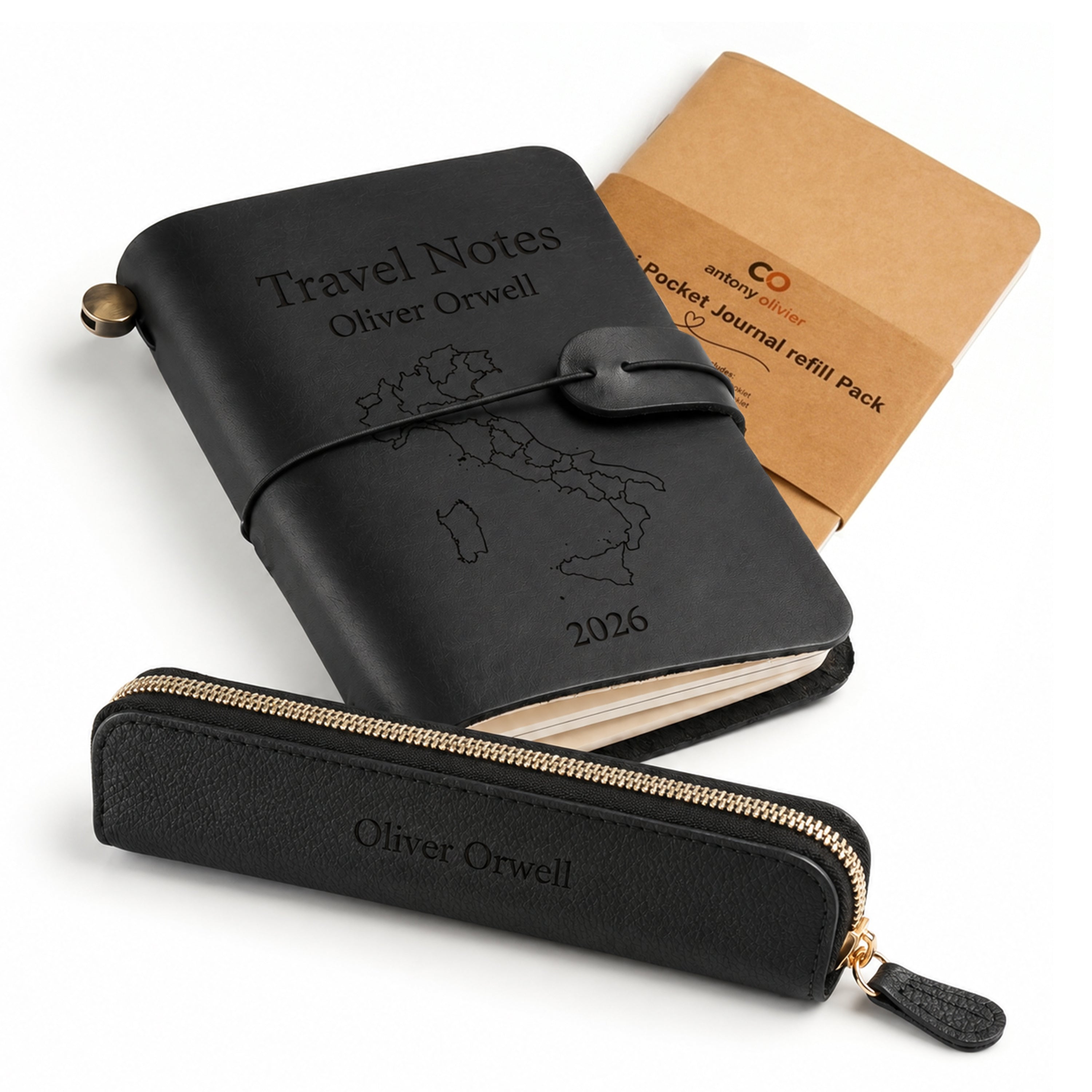 Antony Olivier Personalised Pocket Writer Set – Leather Pocket Journal, Mini Pencil Case & Refill Pack