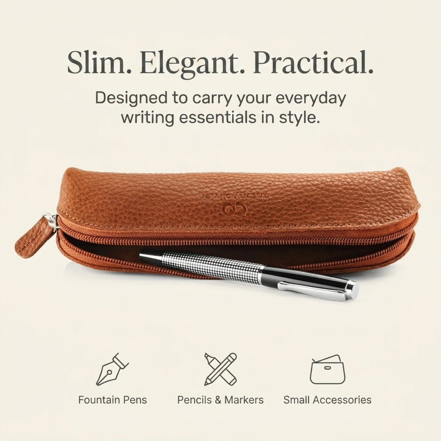 Antony Olivier Leather Pencil Case – Rustic Brown Zipped Pen Pouch