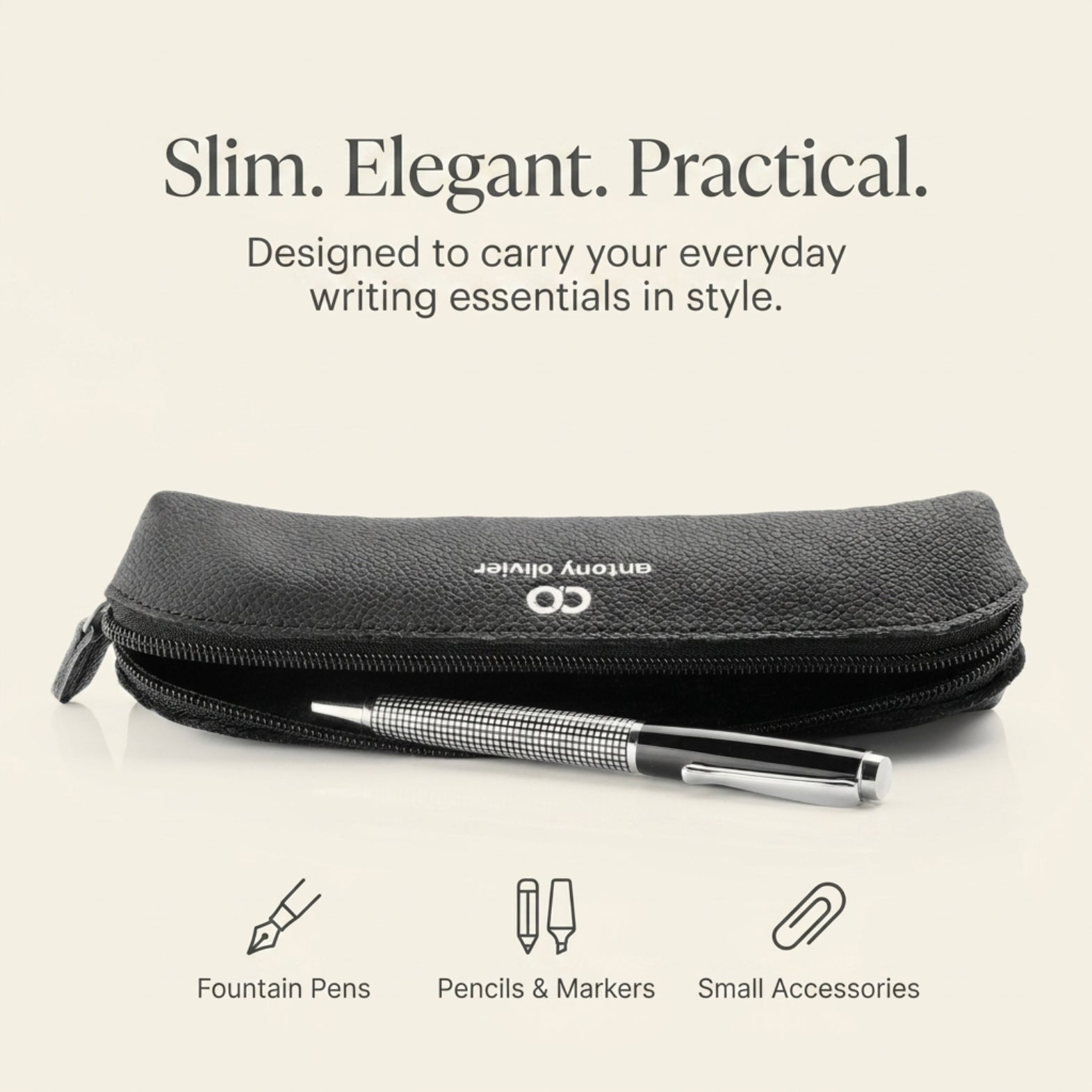 Antony Olivier Leather Pencil Case – Black Zipped Pen Pouch