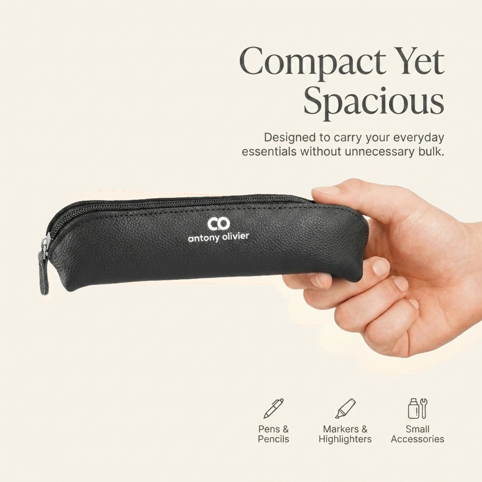 Leather Pencil Case – Black Zipped Pen Pouch