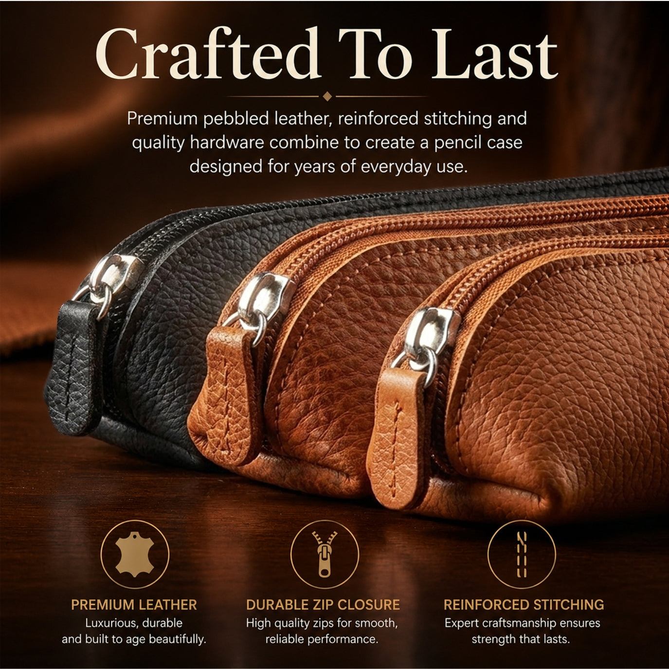 Leather Pencil Case – Brown Zipped Pen Pouch