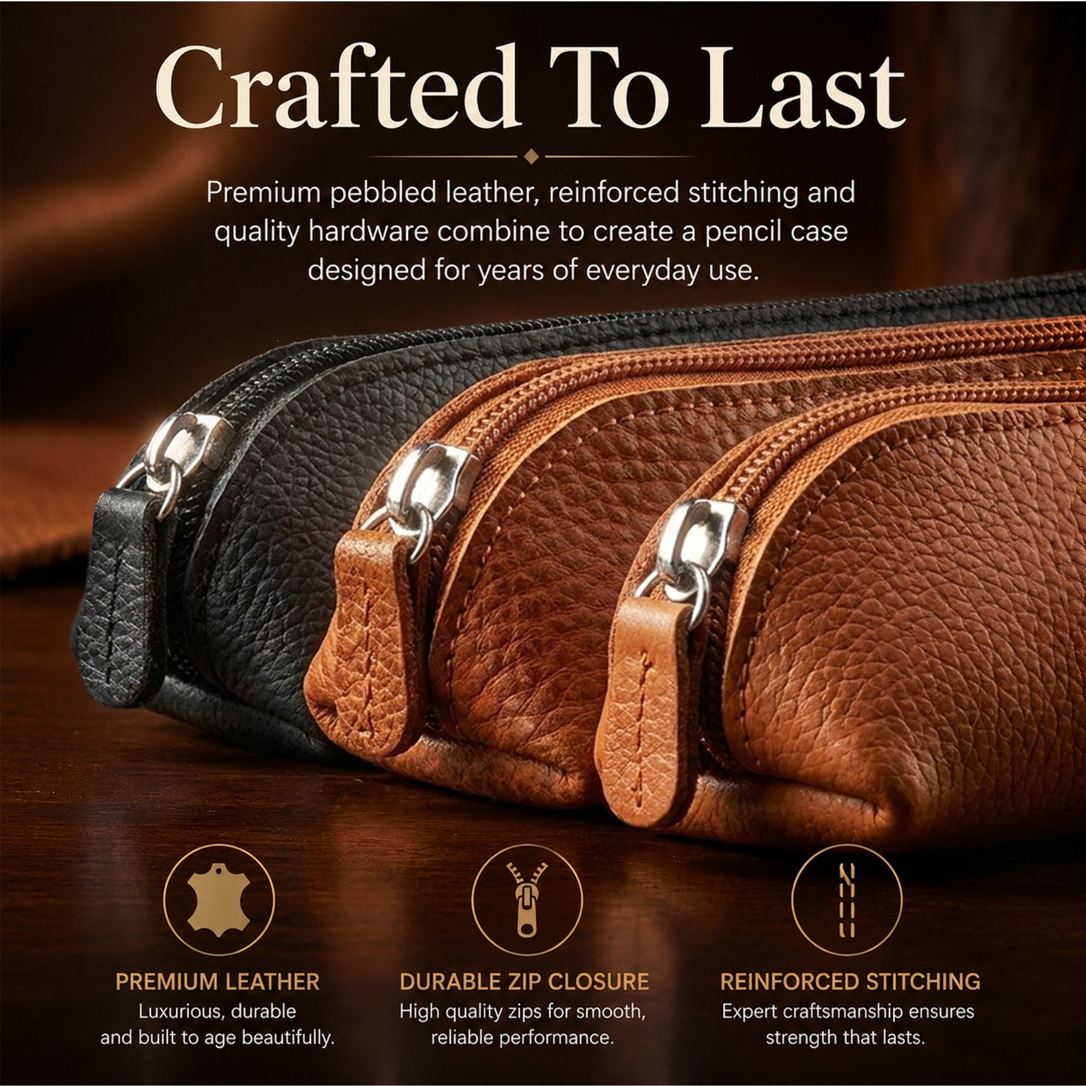 Leather Pencil Case – Black Zipped Pen Pouch