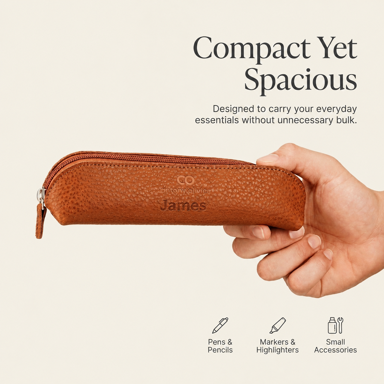 Antony Olivier Personalised Leather Pencil Case – Rustic Brown Zipped Pen Pouch