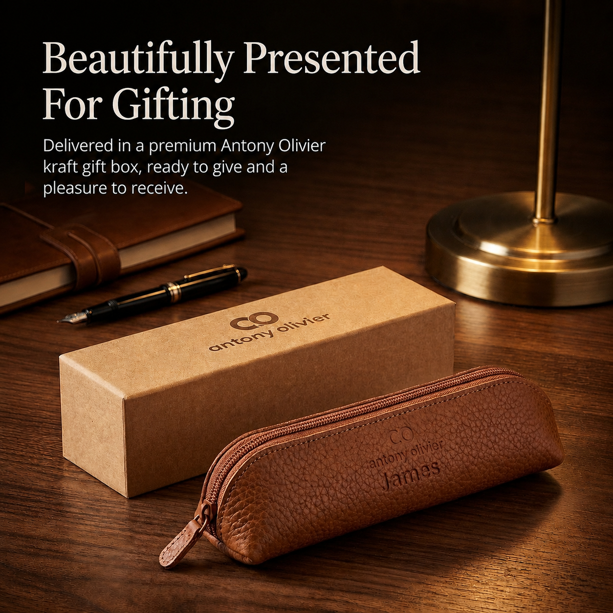Personalised Leather Pencil Case – Rustic Brown Zipped Pen Pouch