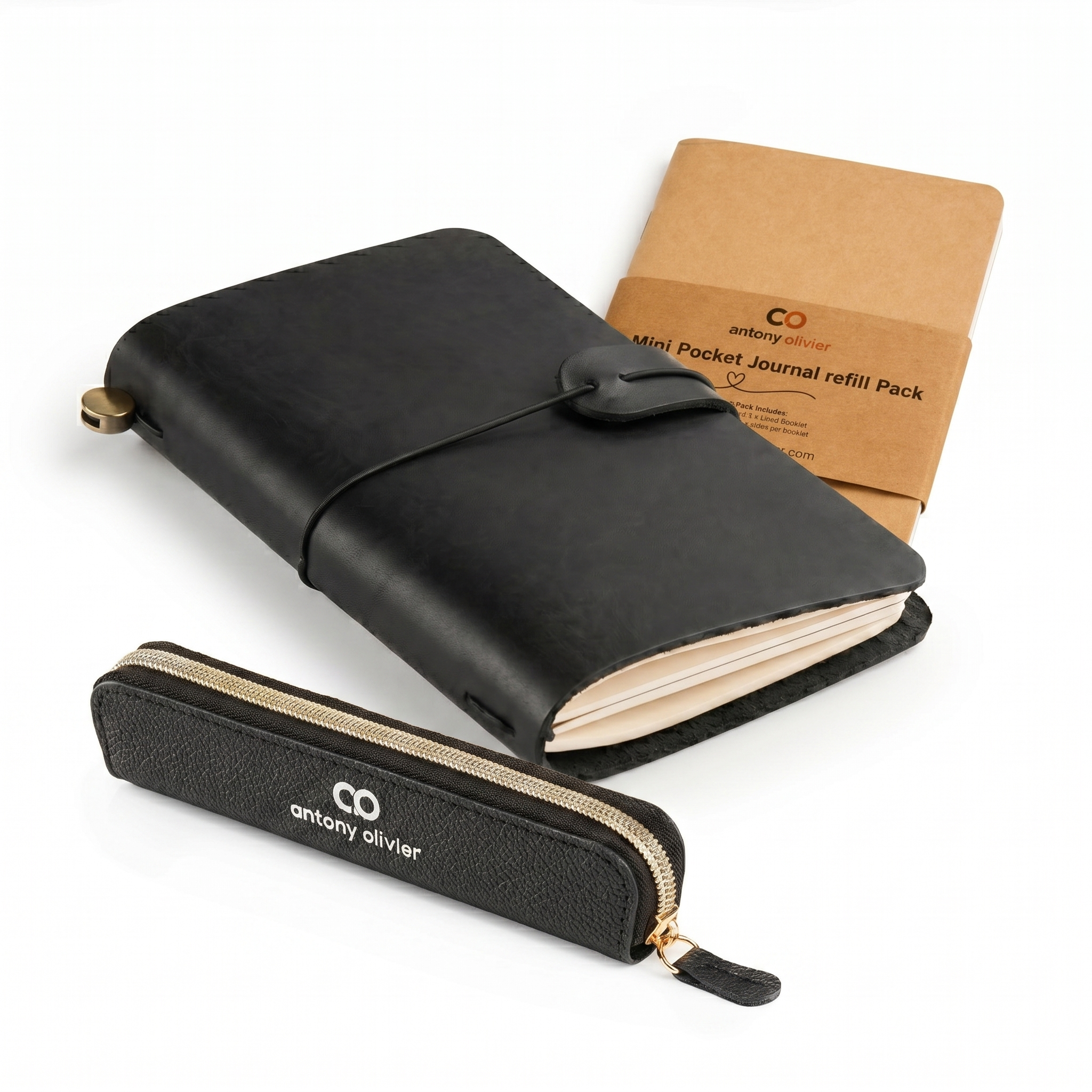Antony Olivier Pocket Writer Set – Leather Pocket Journal, Mini Pencil Case & Refill Pack