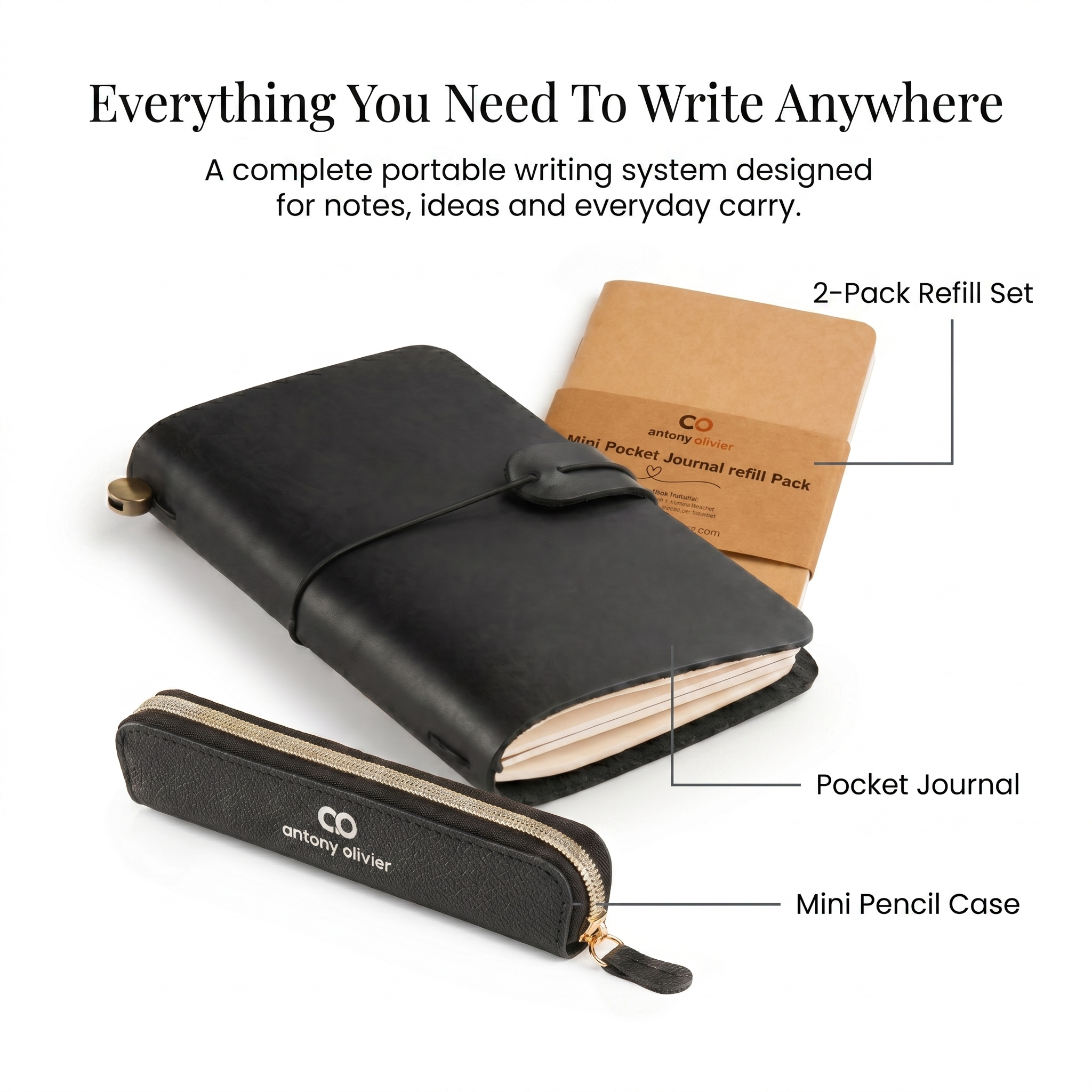 Personalised Pocket Writer Set – Leather Pocket Journal, Mini Pencil Case & Refill Pack