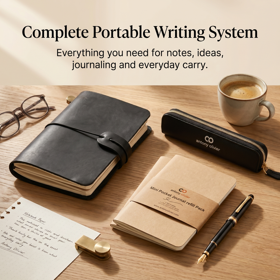Antony Olivier Personalised Pocket Writer Set – Leather Pocket Journal, Mini Pencil Case & Refill Pack (Copy)